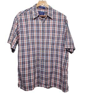 Men's Blue Plaid Short Sleeve Button Up Shirt Size Large